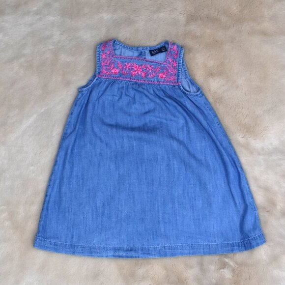Gap Blue Sleeveless Denim Dress Floral Design Size 4 Years - Picture 1 of 8